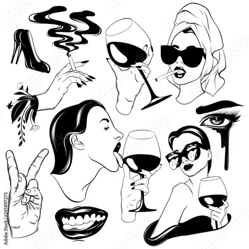 Vector set of hand drawn illustration of women with wineglasses isolated.