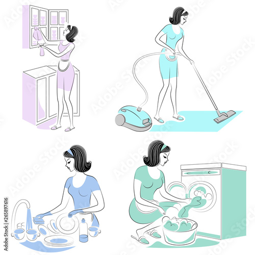 Collection. The girl removes dust in the room with a vacuum cleaner, erases, washes dishes, glass. A woman is a good wife and a neat housewife, a maid. Set of vector illustrations