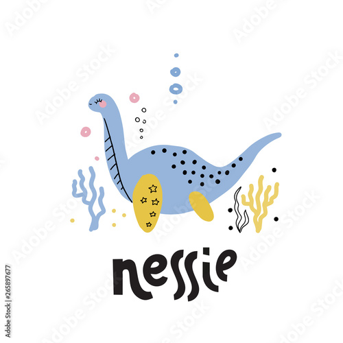 Loch ness monster. Isolated art Vector cute cartoon hand drawn dinosaur on white background. Loch nessie on the seabed among the algae