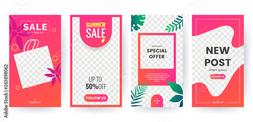 Summer stories concept for social media. Bright summer banner set with palm branch, tropical leaves. Story concept. Product catalog, discount voucher, advertising. Vector eps 10