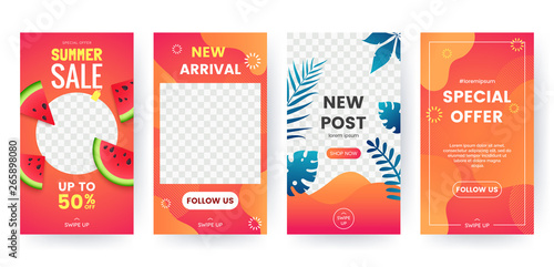 Set of summer banner for social media stories. Bright summer backgrounds with watermelon, tropical leaves. Story concept. Product catalog, discount voucher, advertising. Vector eps 10