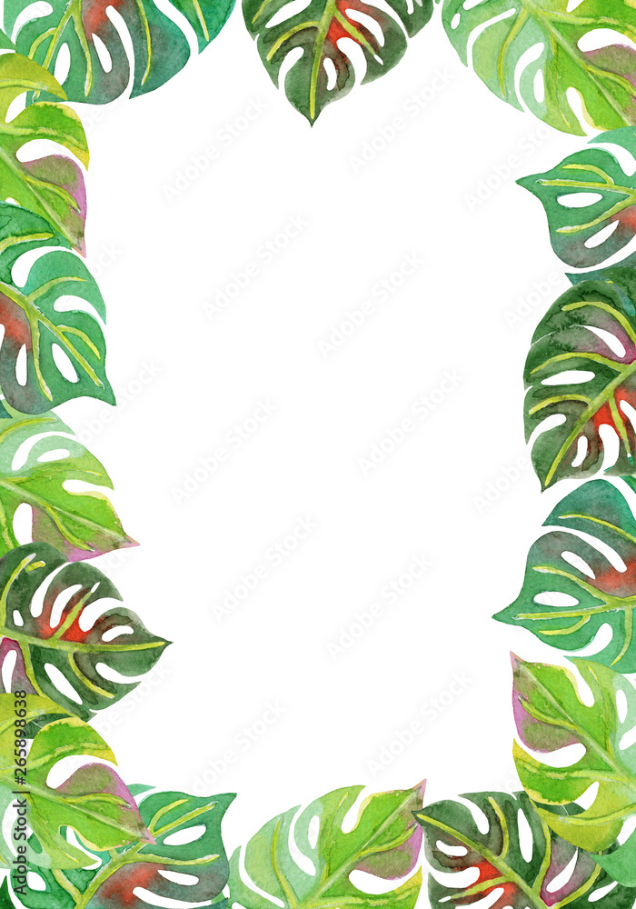 Watercolor frame tropical leaves and branches on white background. Watercolor frame tropical leaves and branches on white background.
