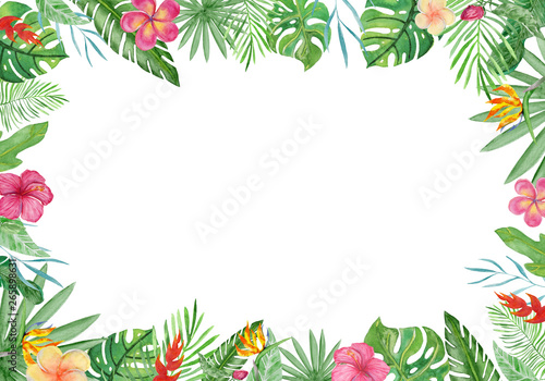 Watercolor frame tropical leaves and flowers on white background.