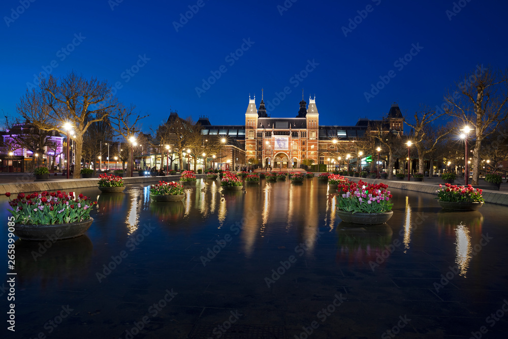 Tulip festival at Museumplein in Amsterdam at night, Netherlands