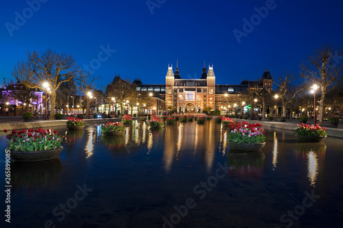 Tulip festival at Museumplein in Amsterdam at night, Netherlands