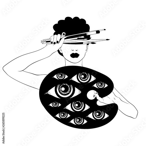 Vector hand drawn illustration of girl with brushes and palette isolated.