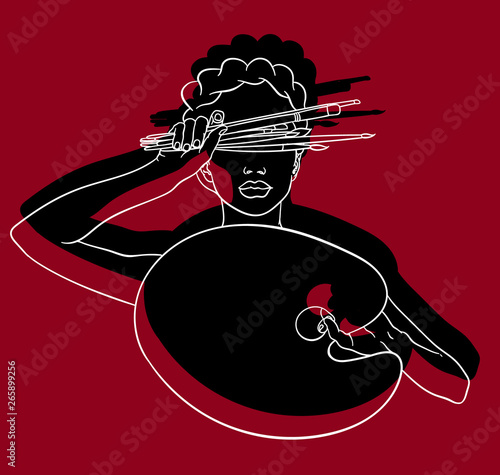 Vector hand drawn illustration of girl with brushes and palette isolated.