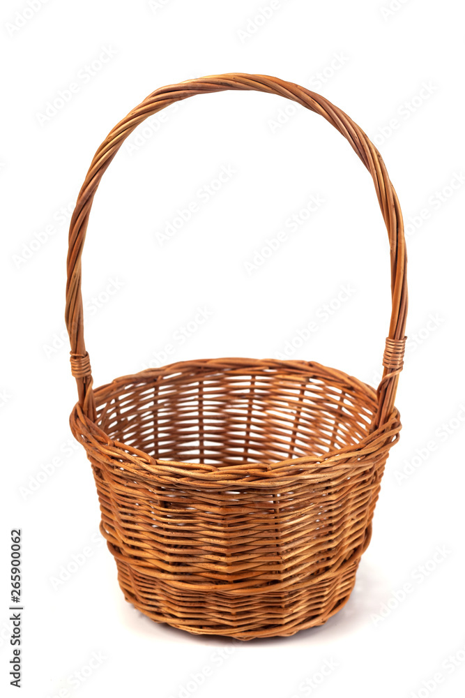 Empty wicker basket for fruits and vegetables isolated on white Empty wicker basket for fruits and vegetables isolated on white