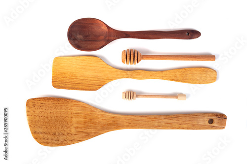 Various wooden kitchen tools isolated on white background