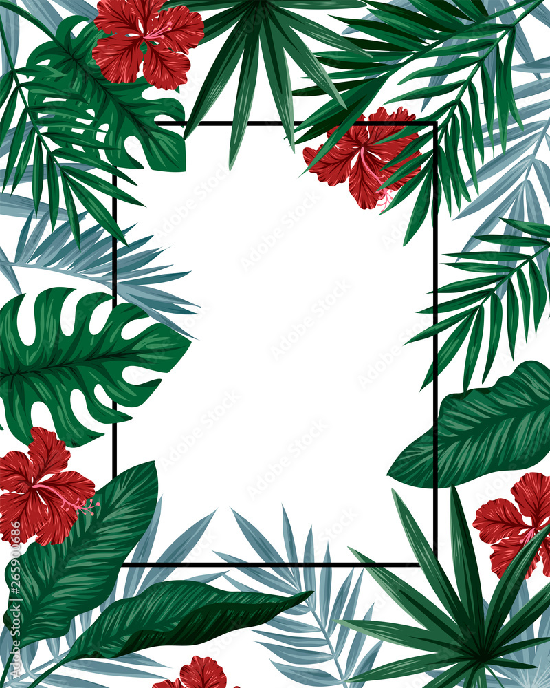 Tropical leaves and fl;owers banner card, vector