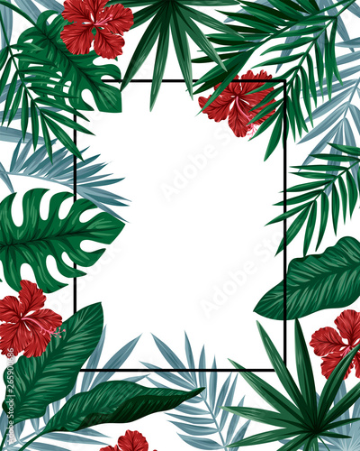 Tropical leaves and fl owers banner card  vector