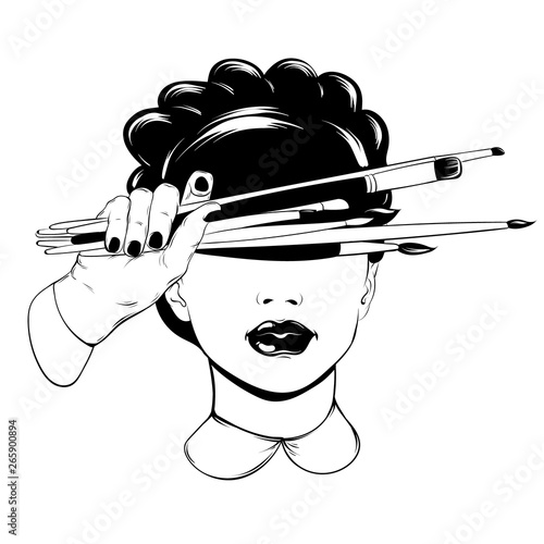 Vector hand drawn illustration of pretty girl with brushes isolated.
