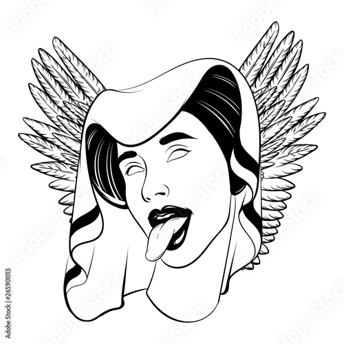 Vector hand drawn illustration of woman with tongue in medieval headdress isolated.