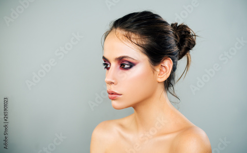 Advertisement, magazine. Beauty woman face. Close-up portrait. Fashion, beauty, cosmetics. Makeup, smooth skin.