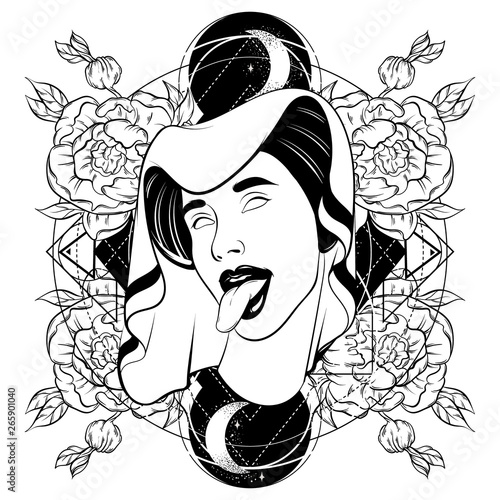 Vector hand drawn illustration of woman with tongue in medieval headdress isolated.