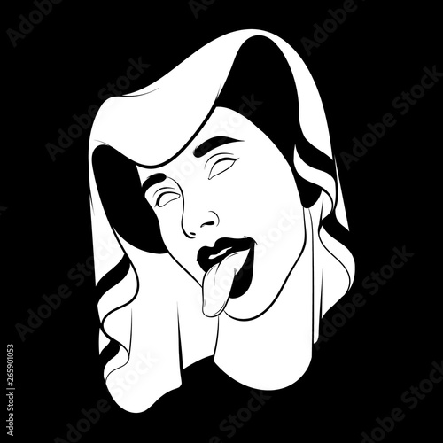 Vector hand drawn illustration of woman with tongue in medieval headdress isolated.