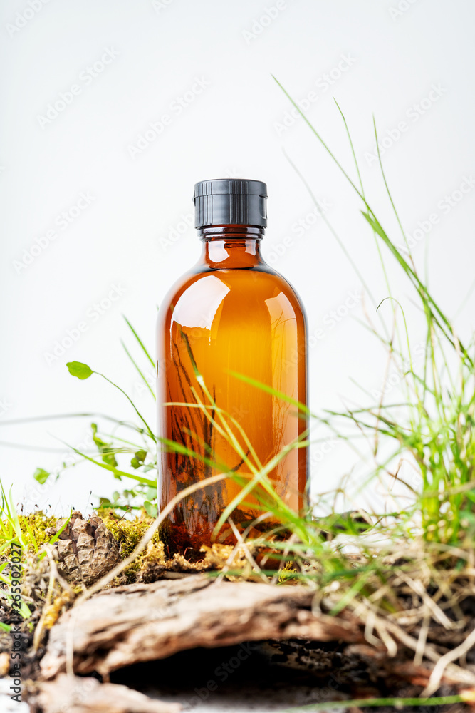 Isolated creative composition of beauty natural background with bark tree, tiny mosses and grass of organic cosmetic products in glass brown bottle. Isolated creative composition of beauty natural background with bark tree, tiny mosses and grass of organic cosmetic products in glass brown bottle.