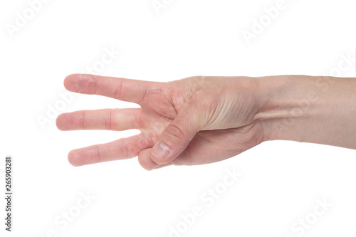 Man showing number three on white background, closeup.