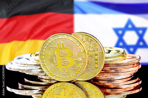 Bitcoins on the background of the flag Israel and Germany. Concept for investors in cryptocurrency and Blockchain technology in the Israel and Germany.