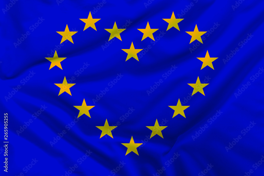 European Union flag in the form of a heart of stars on a silk fabric with pleats European Union flag in the form of a heart of stars on a silk fabric with pleats