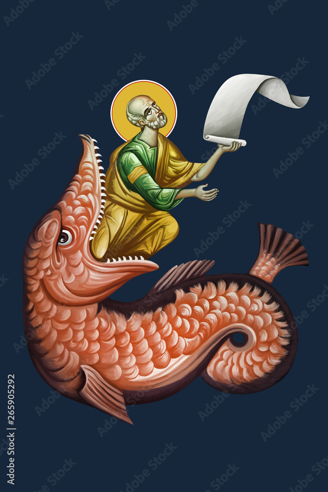 Jonah and the Whale. The prophet Jonas leaving a fish. Illustration
