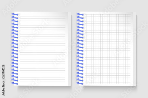 Set of Realistic notebooks Blank open padded sketchbook with lines and notebook in the cell for writing message templates, School notebook, vertical paper sheet. Vector Eps 10 illustration