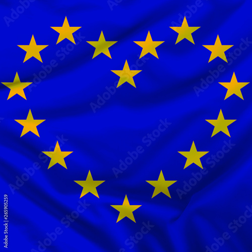 European Union flag in the form of a heart of stars on a silk fabric with pleats