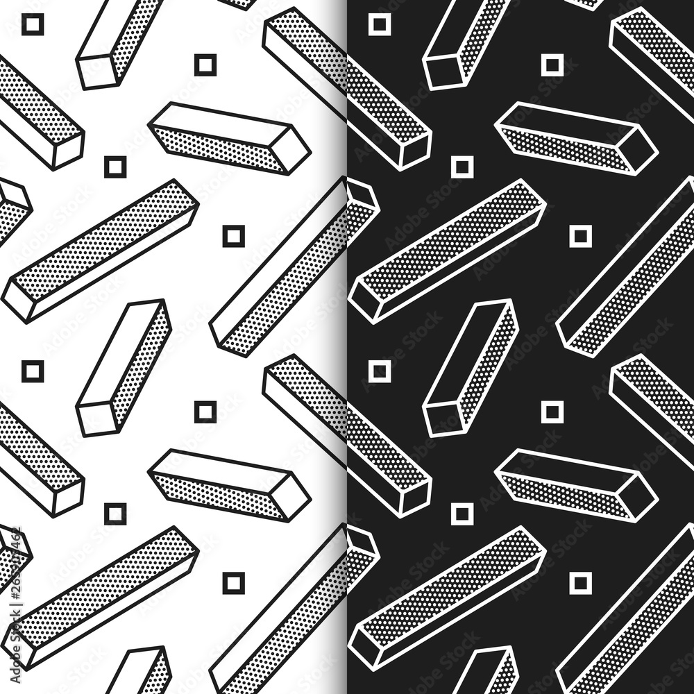 Set of Seamless, endless patterns with graphic elements in pop art style. Seamless patterns in black and white background, Can be used for wallpapers, posters, wrapping paper. Set of Seamless, endless patterns with graphic elements in pop art style. Seamless patterns in black and white background, Can be used for wallpapers, posters, wrapping paper.