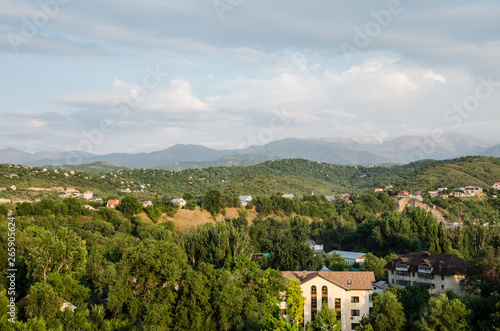 Almaty city in summer. Among the green trees are visible tall buildings and urban buildings. On the background are visible high peaks of the mountains. View from bird flight.