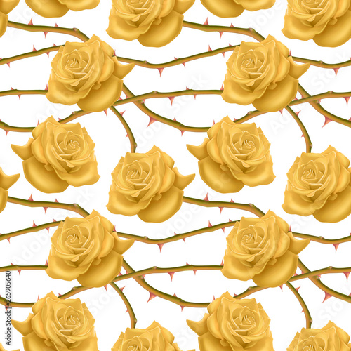 Seamless, endless pattern with roses and thorns, bright yellow roses on white background, design for your packing. Vector illustration
