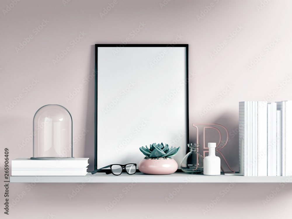 Mock up poster on white shelf with home decoration, 3d render, 3d illustration Mock up poster on white shelf with home decoration, 3d render, 3d illustration