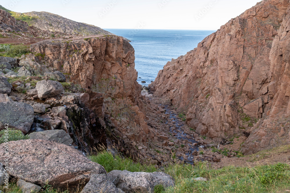 river meets ocean along a rocky shoreline with heavy water flow in a forest area, Motion river