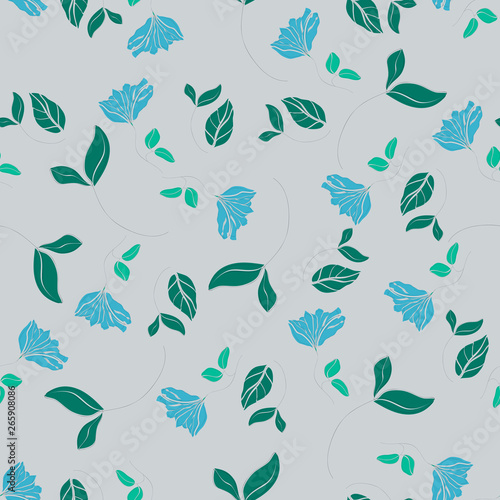 Blossom floral seamless pattern. Blooming botanical motifs scattered random. Colorful vector texture. Good for fashion prints and design. Hand drawn small blue flowers with leaves on grey background.
