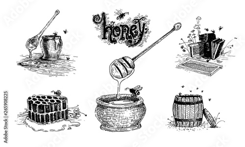 Honey, beehives and pots of honey. Set of vector images.