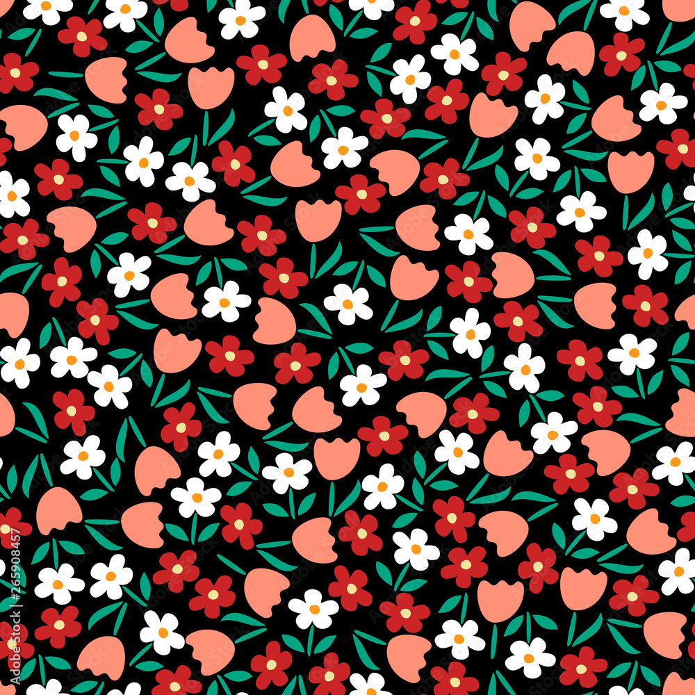 Blossom floral seamless pattern. Blooming botanical motifs scattered random. Ditsy print. Colorful vector texture. Good for fashion prints. Hand drawn small flowers with leaves on black background