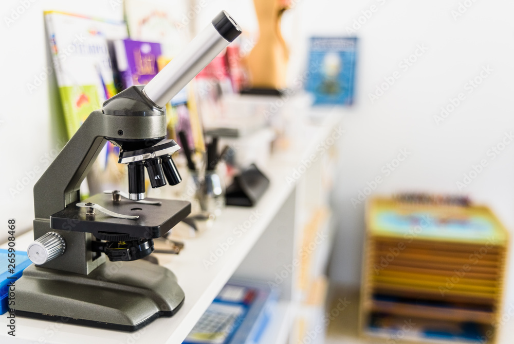 Microscope in a children's classroom. Microscope in a children's classroom.