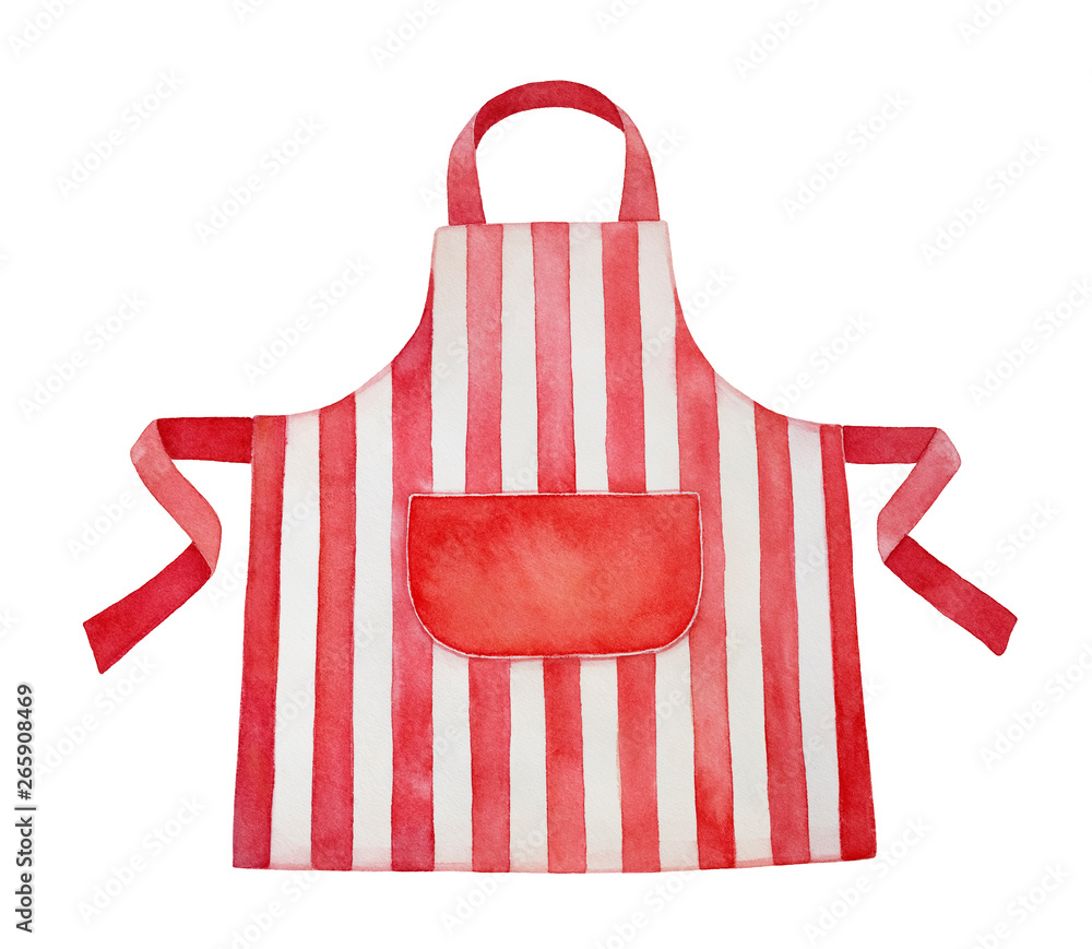 Red and white kitchen apron watercolour illustration. Front view, cozy  striped pattern, big blank pocket in center. Handdrawn water color graphic  paint, cutout clip art element for design decoration. ilustración de Stock