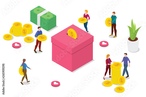 isometric people donation concept with team people bring money to give and insert to box with modern clean style - vector