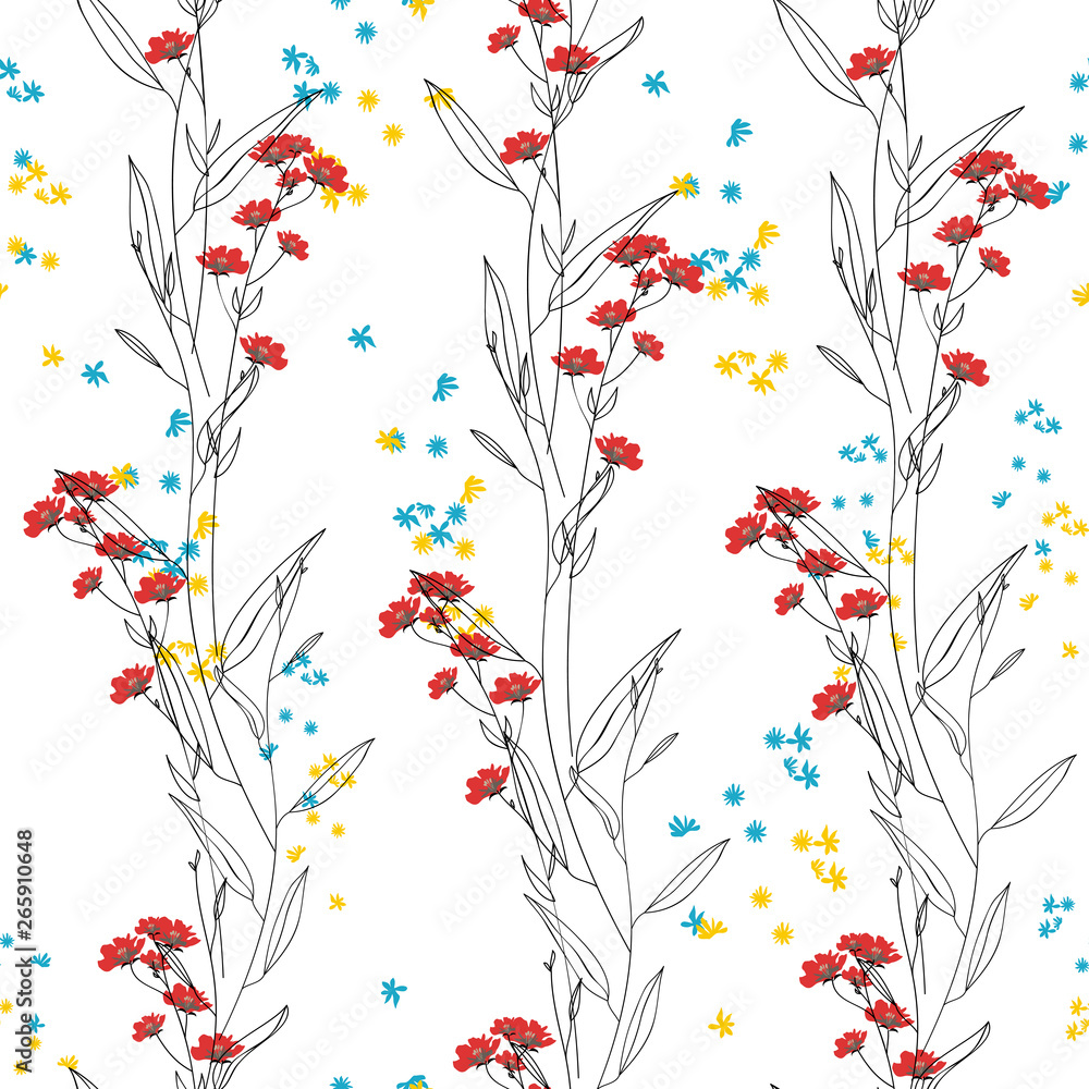Blossom floral seamless pattern. Blooming botanical motifs scattered random. Trendy color vector texture. Good for fashion. Print border. Hand drawn small flowers and branches  on white background