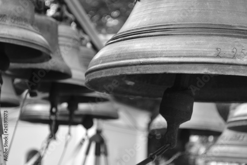 Bells close up in black and white.