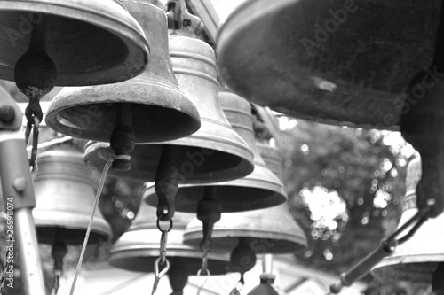 Bells close up in black and white.
