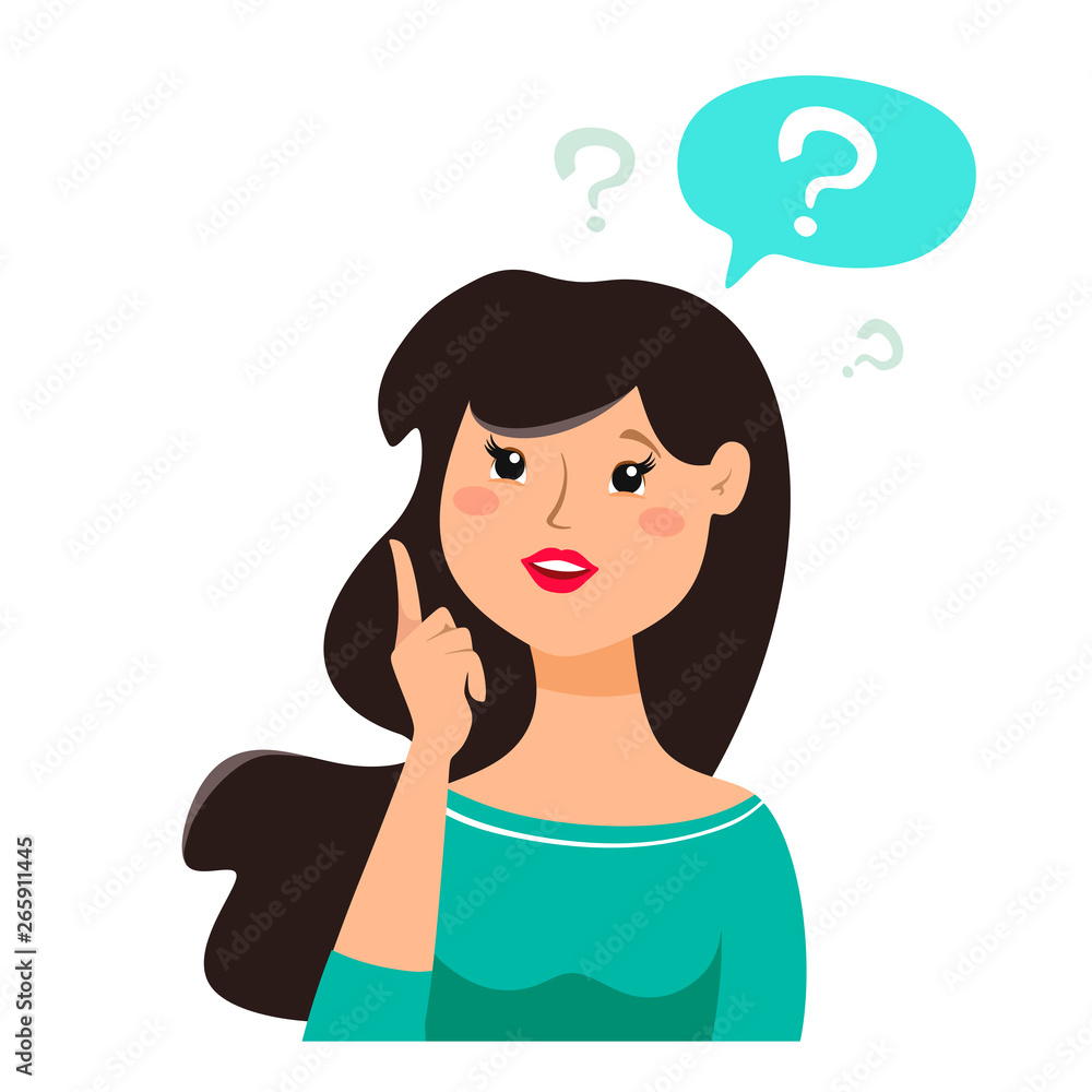 Thinking woman with question marks. Vector cartoon illustration on white background in flat style. Thinking woman with question marks. Vector cartoon illustration on white background in flat style.