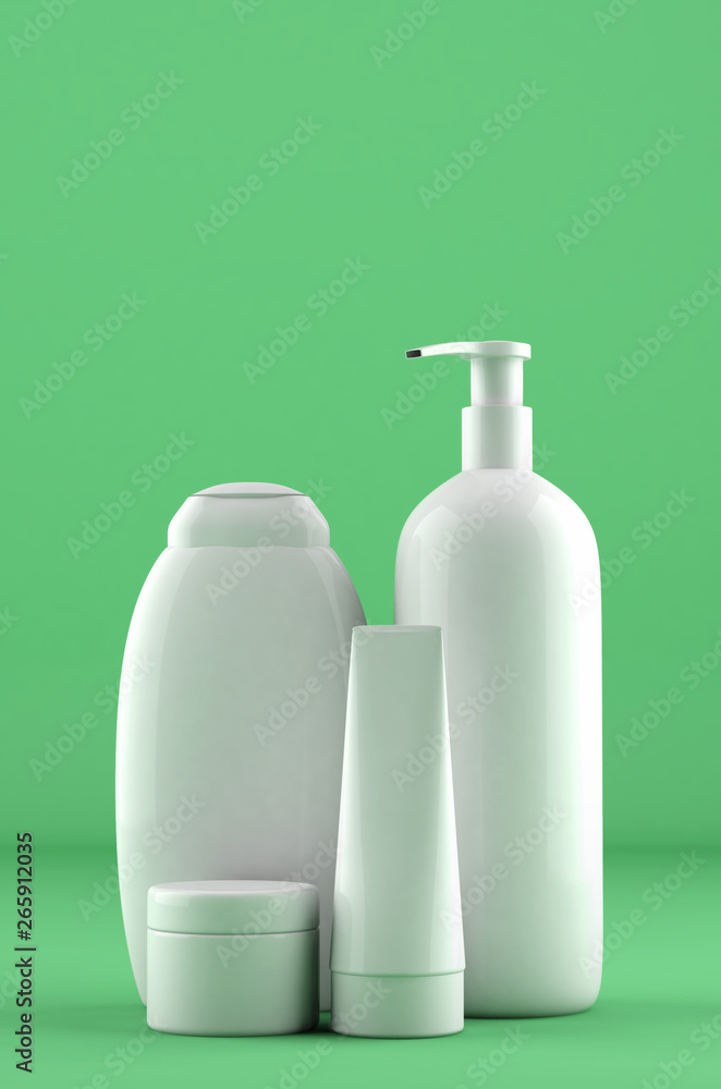 Blank cosmetics packaging containers on green background, 3d illustration Blank cosmetics packaging containers on green background, 3d illustration