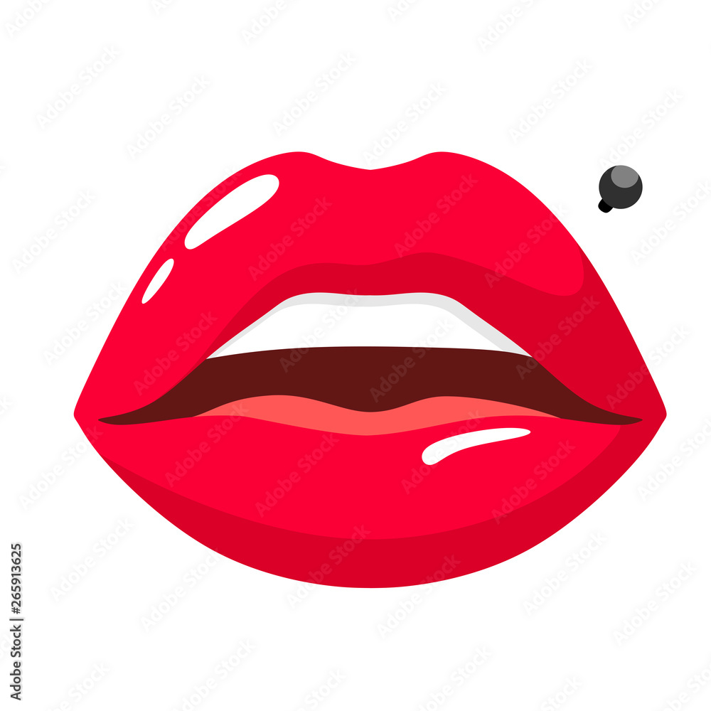 Vector icons of sexy and sensual lips in red lipstick and piercing over the lip. Vector isolate on white background