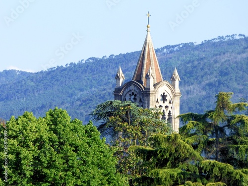 A cathedrak spire in Italy with trees in the foreground and mountains in the background