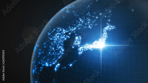 power of japan, energy beam on tokyo. dark globe with illuminated cities and human density areas. 3d illustration