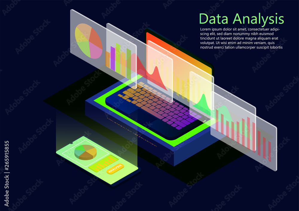 isometric flat design of Analysis data and Investment. isometric flat design of Analysis data and Investment.