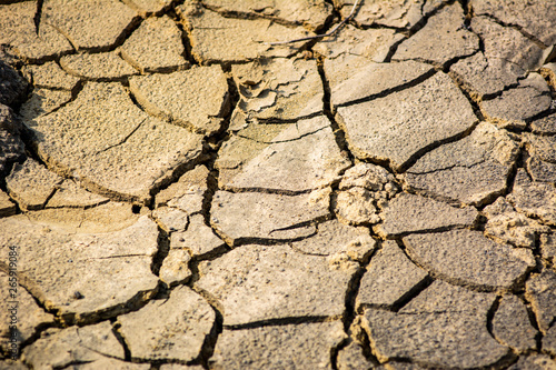 cracked soil ground ,desert cracks, Dry soil Arid,drought land. Caused by global warming and deforestation.