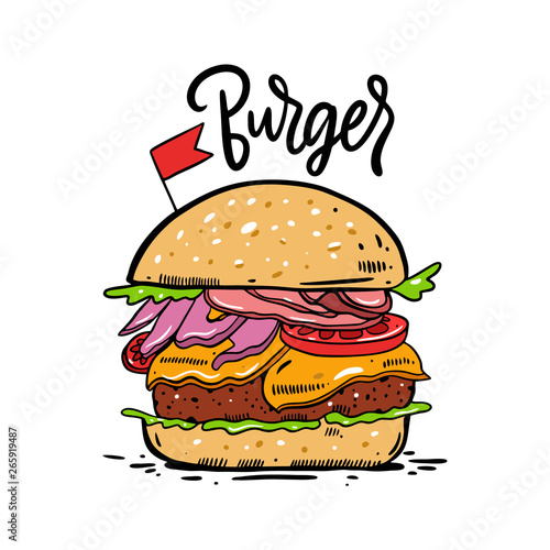 Burger, hamburger hand drawn vector illustration. Cartoon style. Isolated on white background.