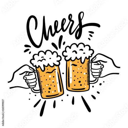 Cheers with beer glasses mug. Hand drawn vector illustration. Cartoon style. Isolated on white background.